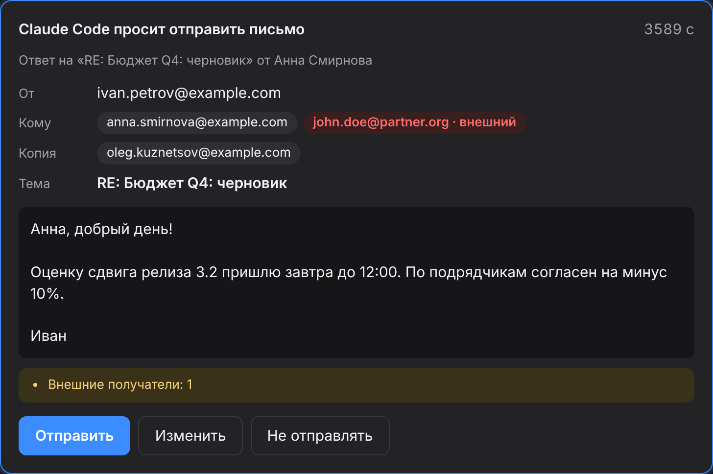 Окно подтверждения отправки: получатели (внешний выделен), тема, текст, кнопки Отправить, Изменить, Не отправлять