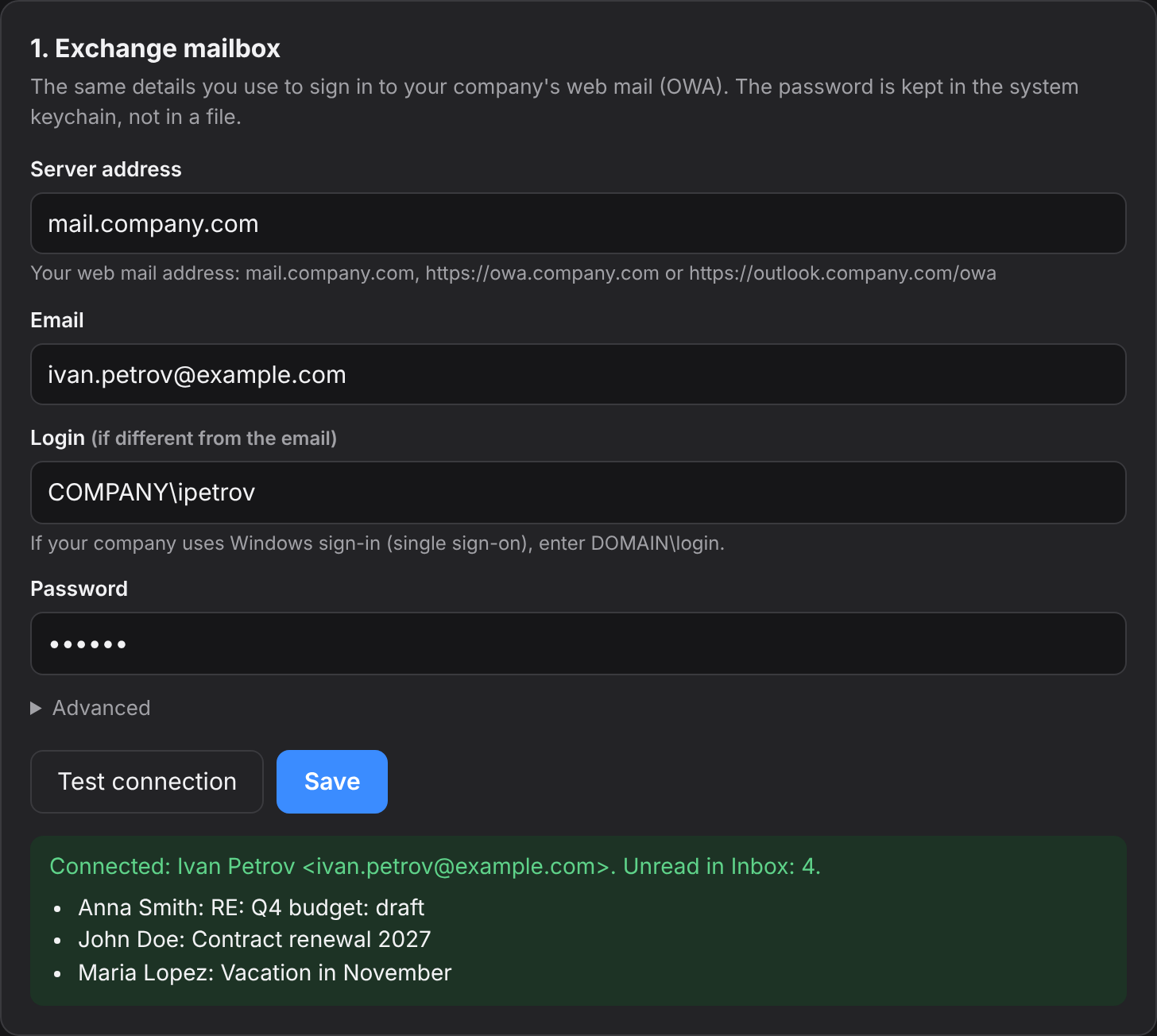 Setup window: server address, email, login, password, and a successful connection test