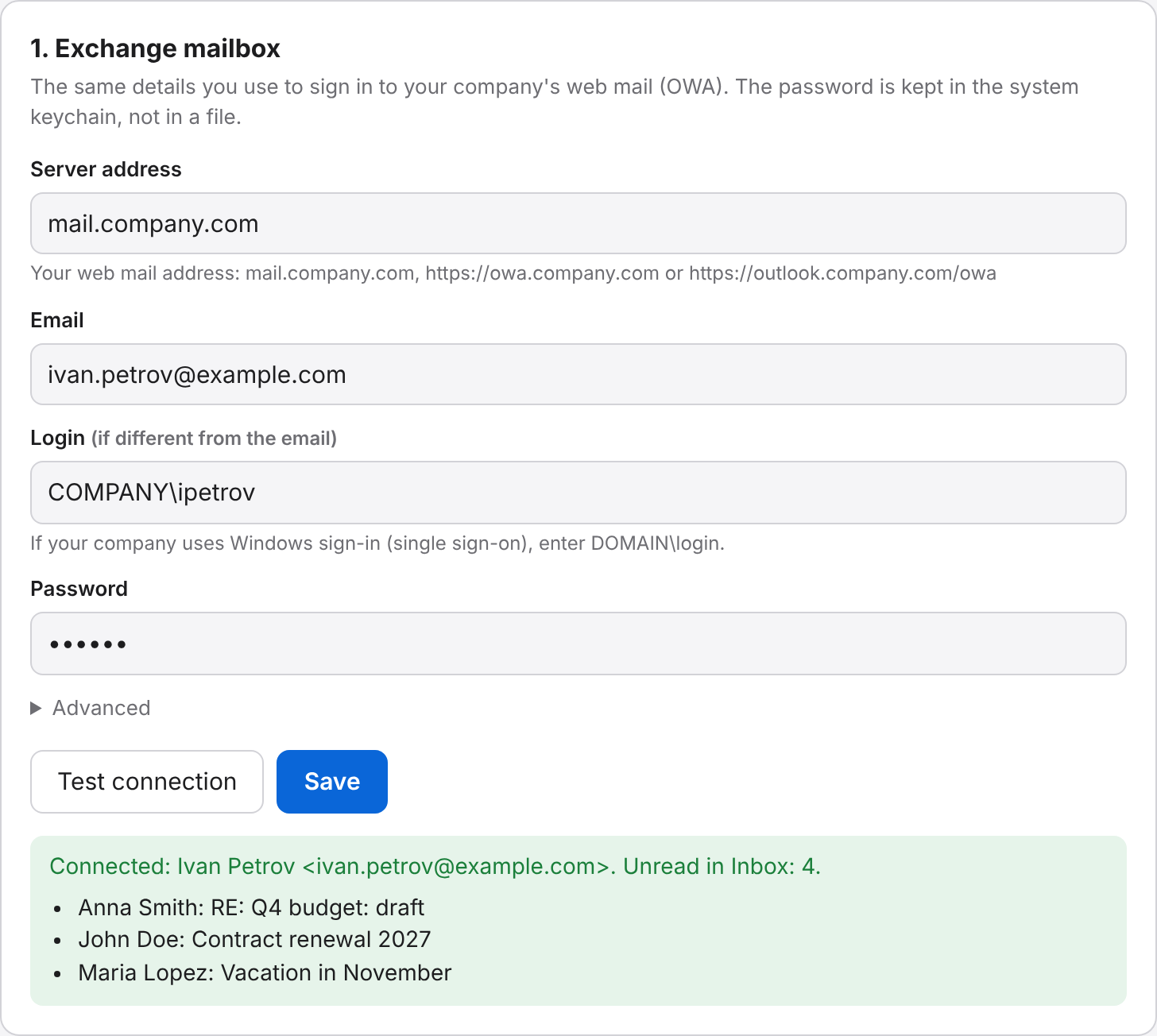 Mailbox setup window