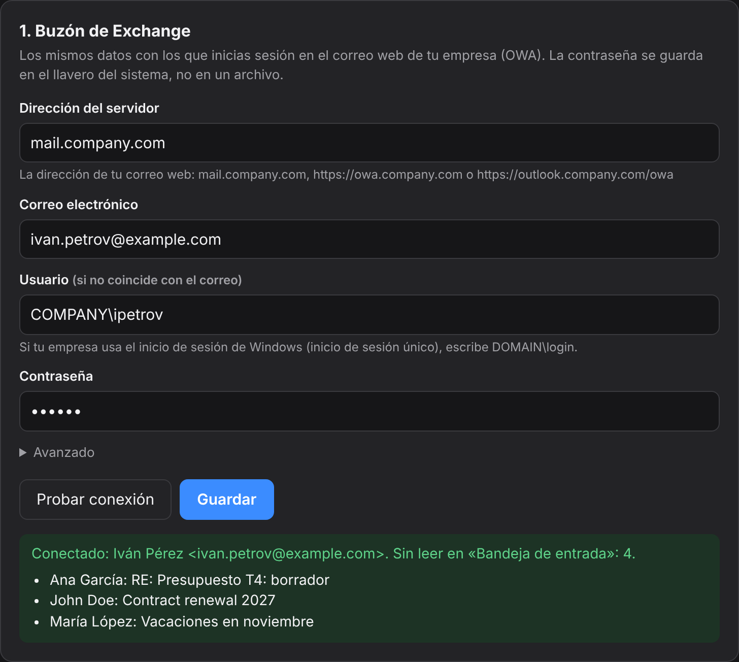 Ventana de configuración: dirección del servidor, correo, usuario, contraseña y comprobación correcta