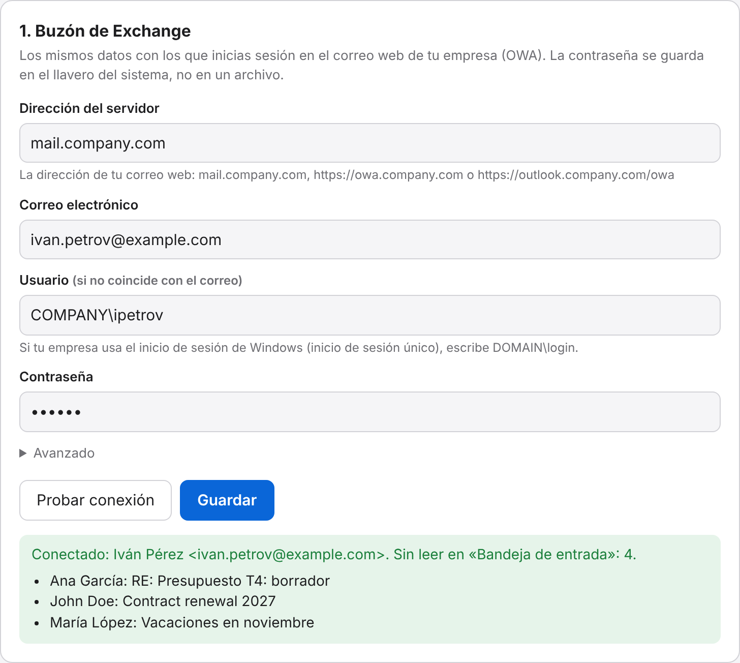 Ventana de configuración del buzón